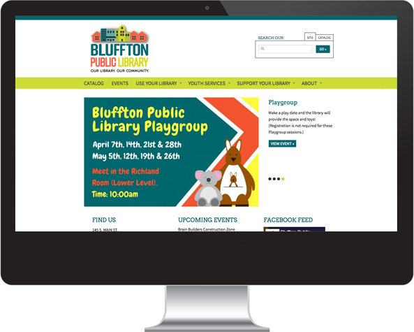 Homepage of Bluffton Public Library's website shown on iMac.