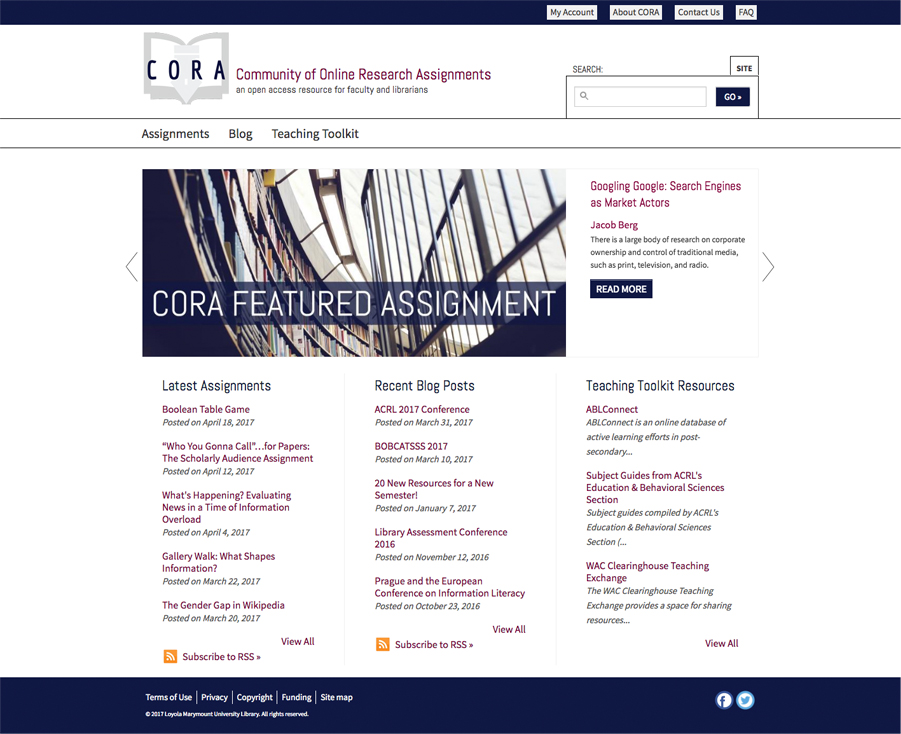 Homepage screen shot of Project CORA's website.